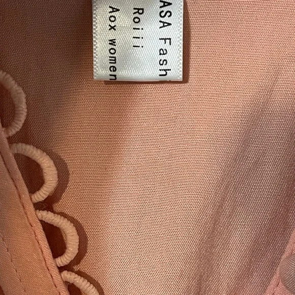 Boho Babydoll Mini Dress Peach Coral Print Pintuck Button Coastal Western Small - Picture 11 of 14